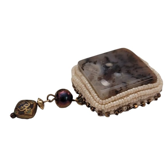 Glass White Bead Square Moss Agate Asian Bead Dangle Brooch K893 - Picture 5 of 9